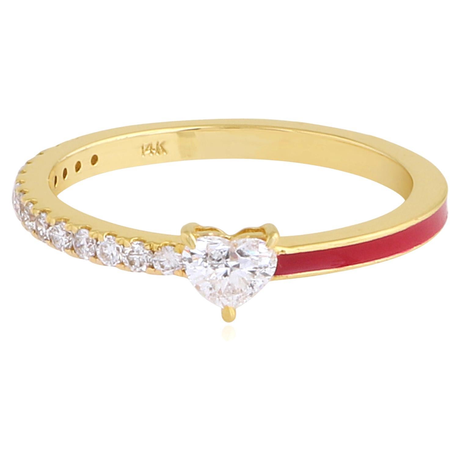 Real Heart Shape Diamond Half Eternity Band Red Enamel Ring 14 Karat Yellow Gold