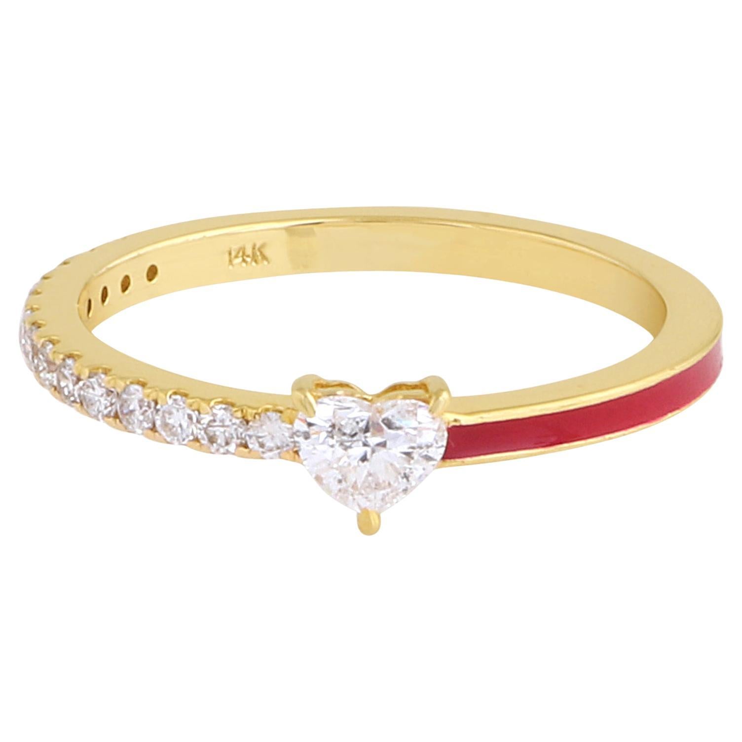 Bague d'éternité en or jaune 14 carats avec demi-anneau en émail rouge et diamant en forme de cœur véritable