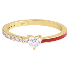 Real Heart Shape Diamond Half Eternity Band Red Enamel Ring 14 Karat Yellow Gold