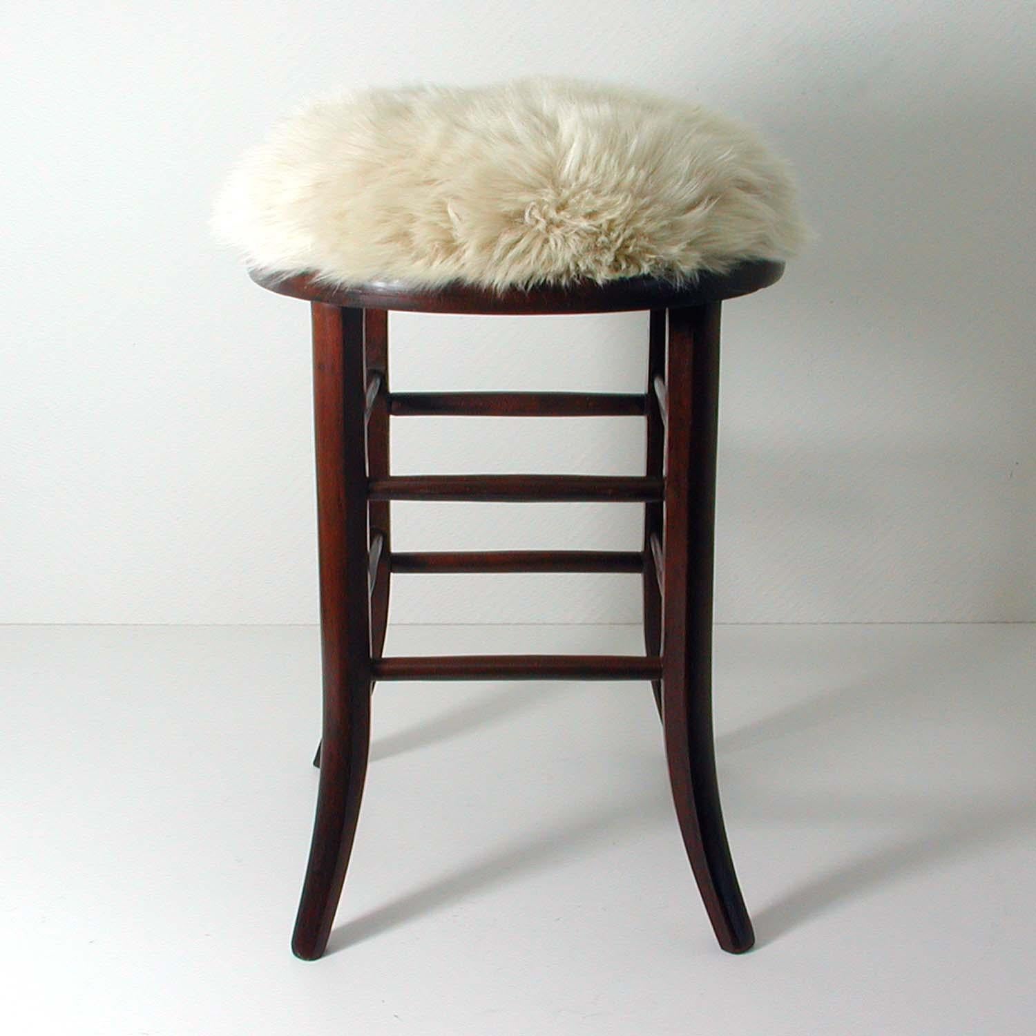 Real Iceland Cream Sheep Lamb and Walnut Upholstered Stool Chair, Austria, 1940s 3