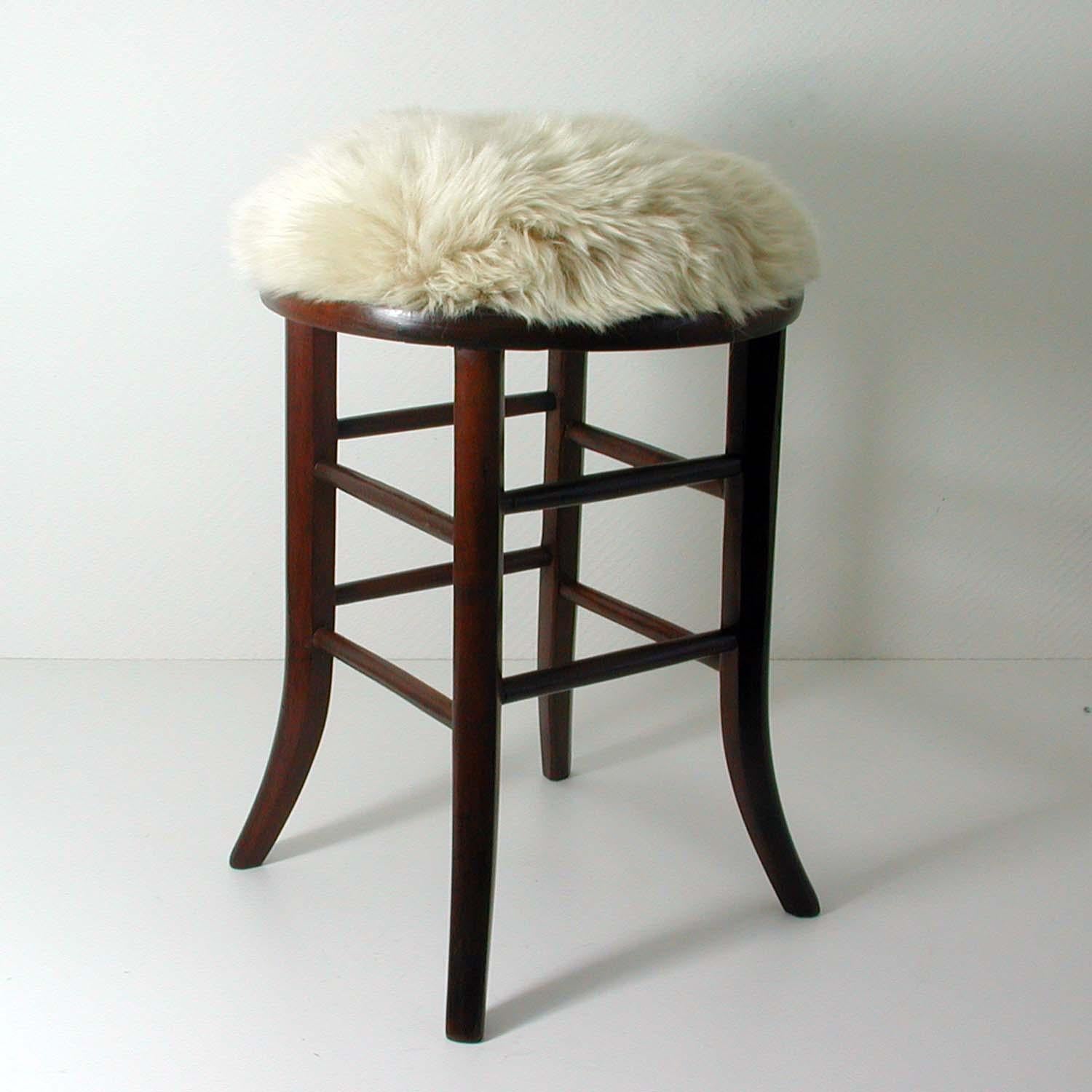 Mid-Century Modern Real Iceland Cream Sheep Lamb and Walnut Upholstered Stool Chair, Austria, 1940s