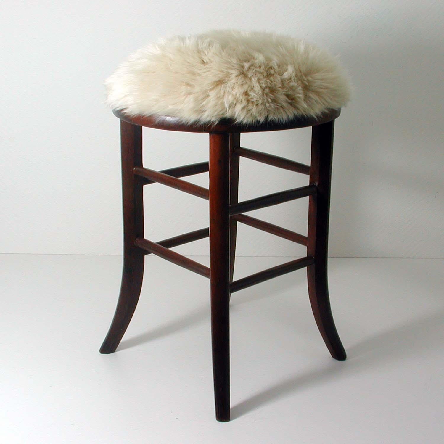 Austrian Real Iceland Cream Sheep Lamb and Walnut Upholstered Stool Chair, Austria, 1940s