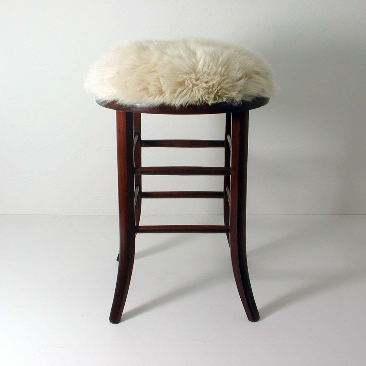 Mid-20th Century Real Iceland Cream Sheep Lamb and Walnut Upholstered Stool Chair, Austria, 1940s