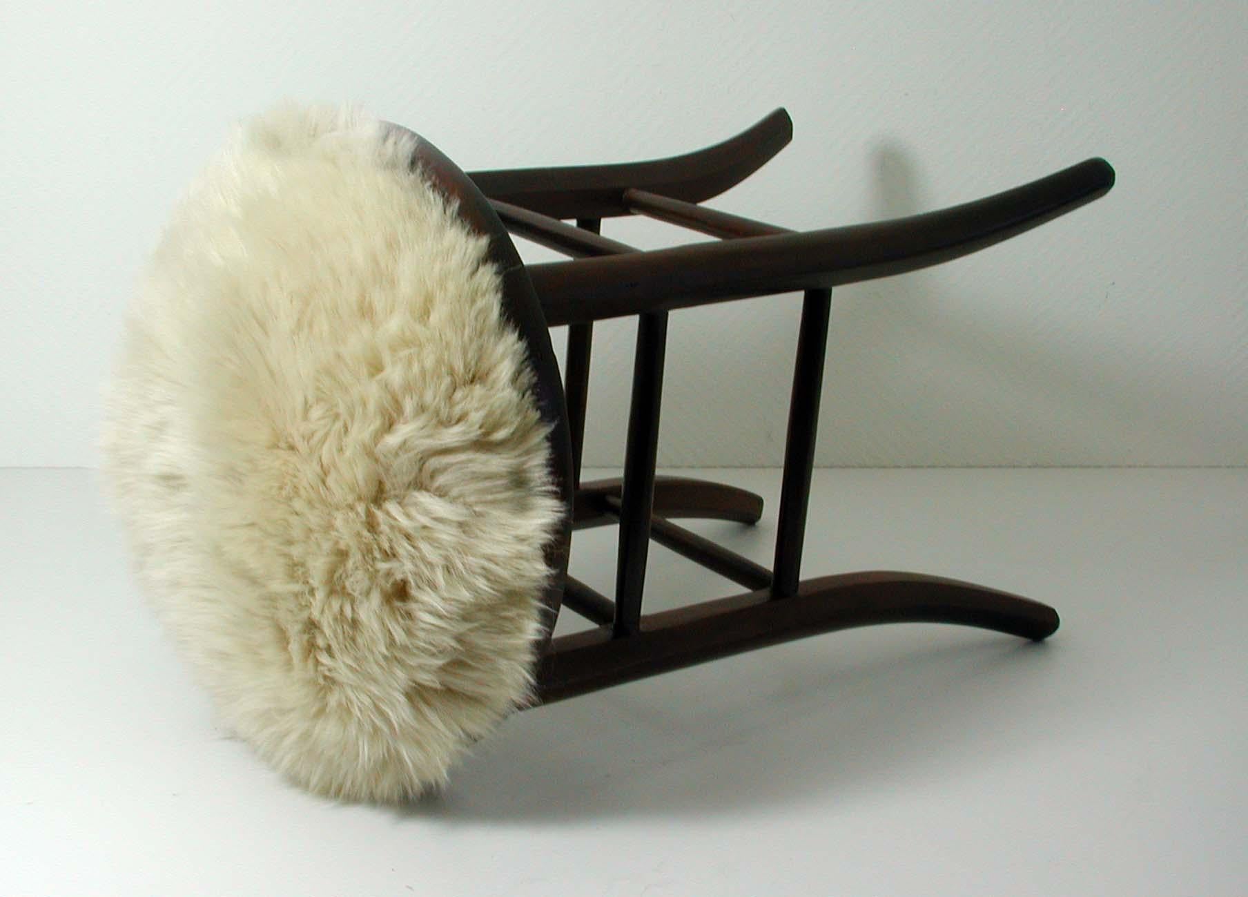 Fur Real Iceland Cream Sheep Lamb and Walnut Upholstered Stool Chair, Austria, 1940s