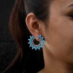 Real Marquise Arizona Turquoise Spike Hoop Earrings Diamond 14 Karat White Gold