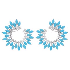 Real Marquise Arizona Turquoise Spike Hoop Earrings Diamond 14 Karat White Gold
