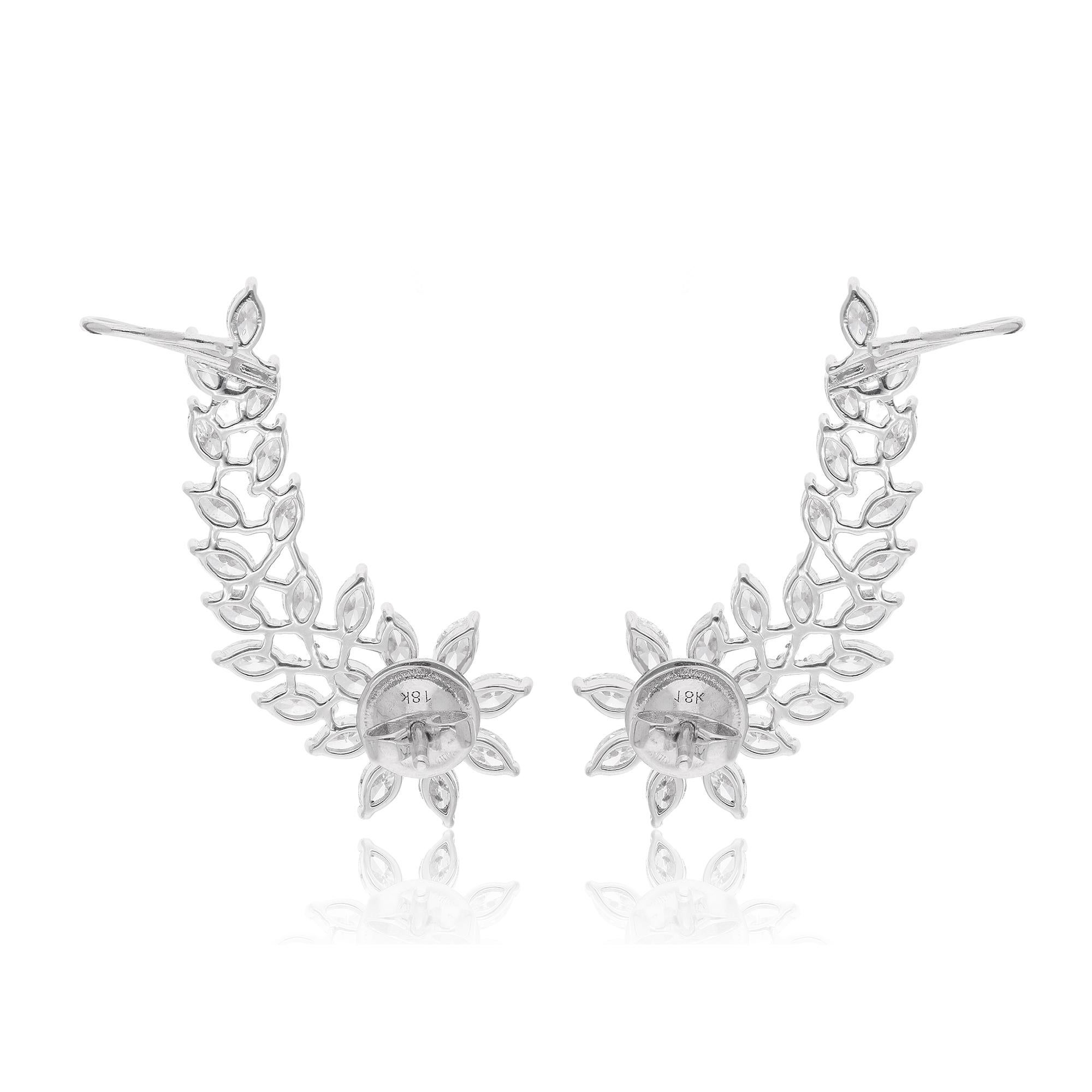 Round Cut Real Marquise & Round Diamond Leaf Shaped Ear Cuff Earrings 14 Karat White Gold For Sale