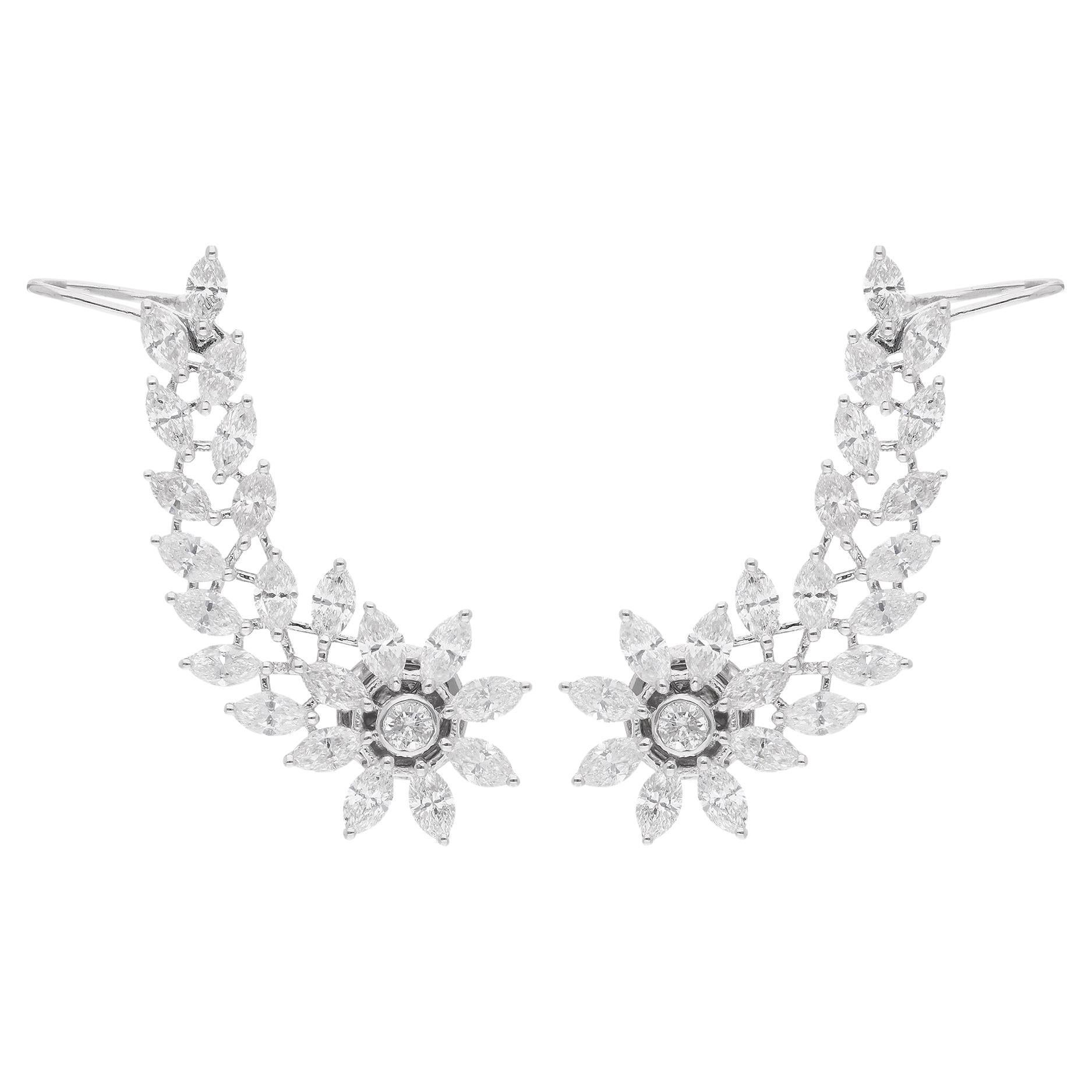 Boucles d'oreilles en forme de feuille en or blanc 14 carats avec de vrais diamants ronds et marquises