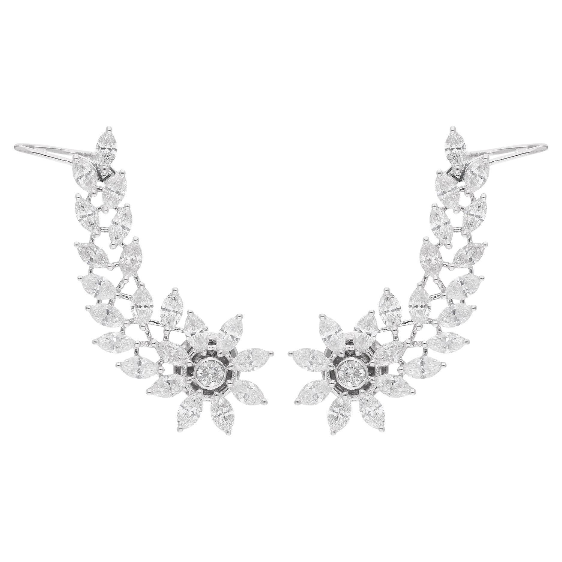 Real Marquise 
Round Diamond Leaf Shaped Ear Cuff Earrings 14 Karat White Gold