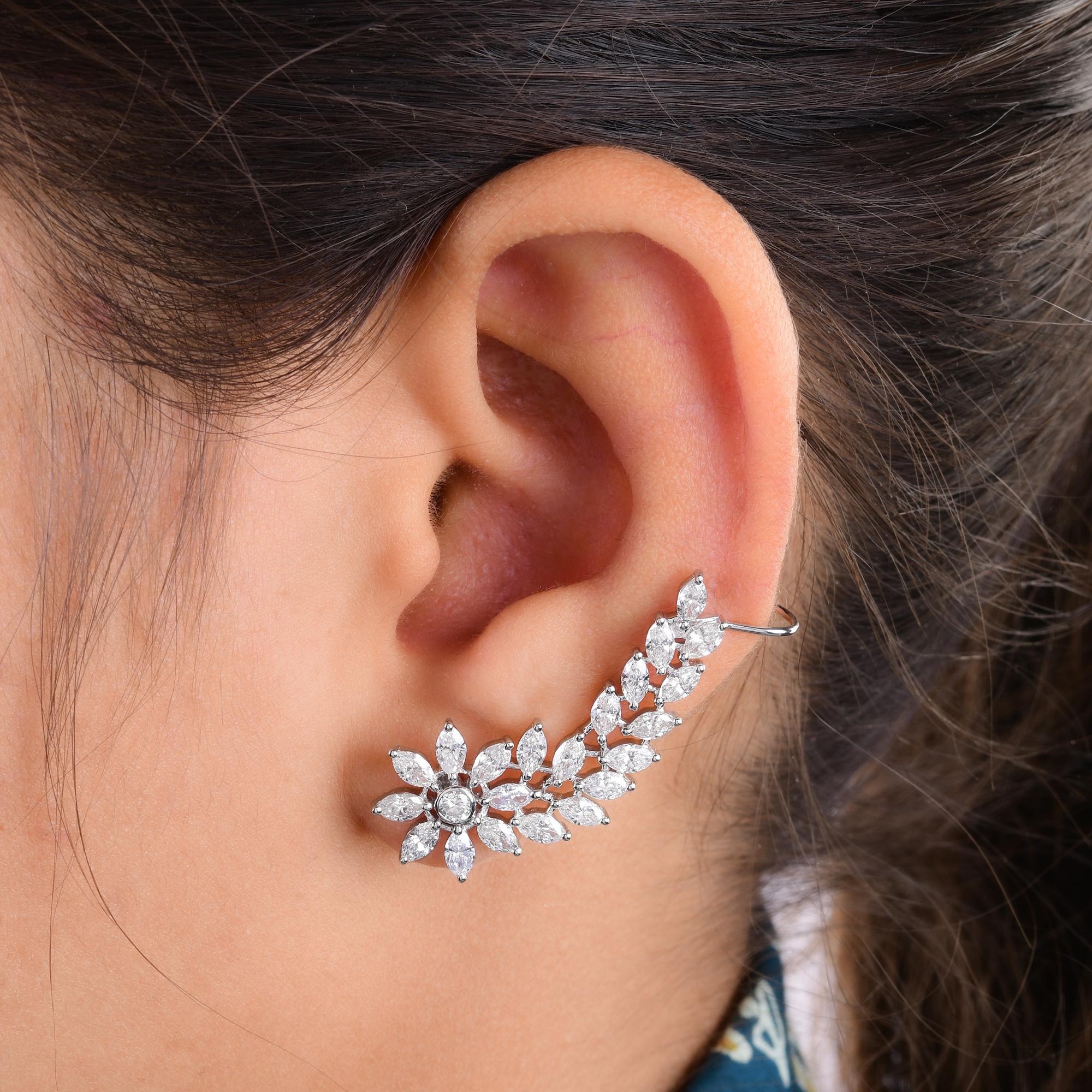 Modern Real Marquise & Round Diamond Leaf Shaped Ear Cuff Earrings 18 Karat White Gold For Sale