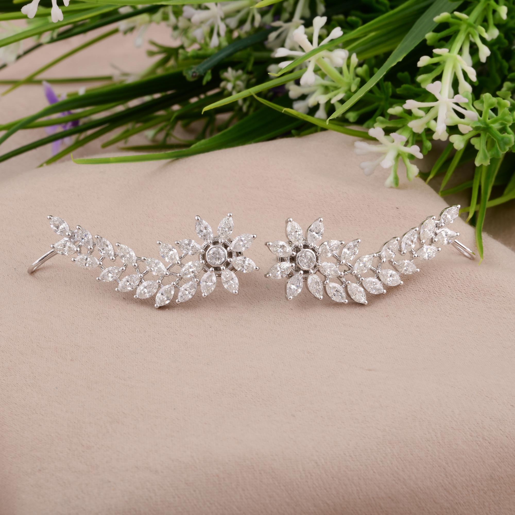 Round Cut Real Marquise & Round Diamond Leaf Shaped Ear Cuff Earrings 18 Karat White Gold For Sale