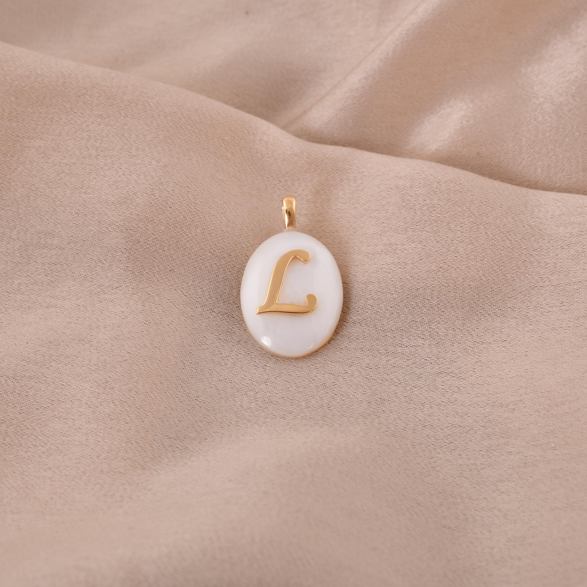Modern Real Mother Of Pearl Gemstone Initial L Charm Lady Pendant 14 Karat Yellow Gold For Sale