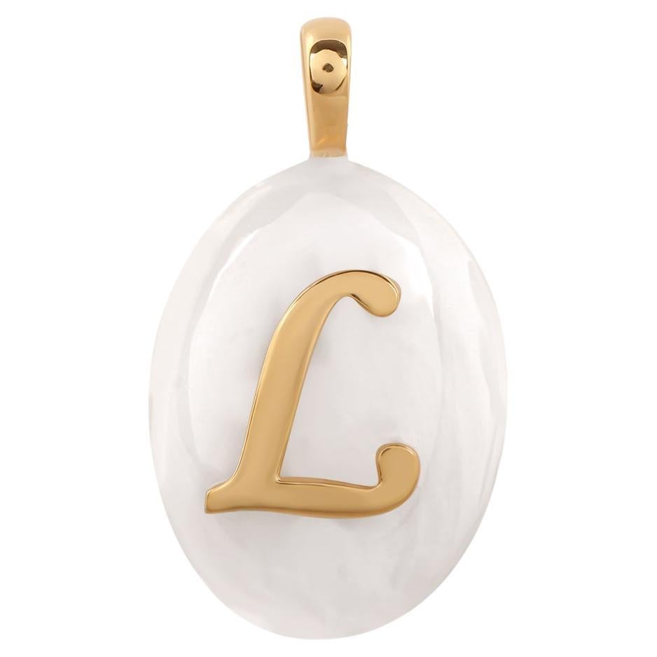 Real Mother Of Pearl Gemstone Initial L Charm Lady Pendant 14 Karat Yellow Gold For Sale