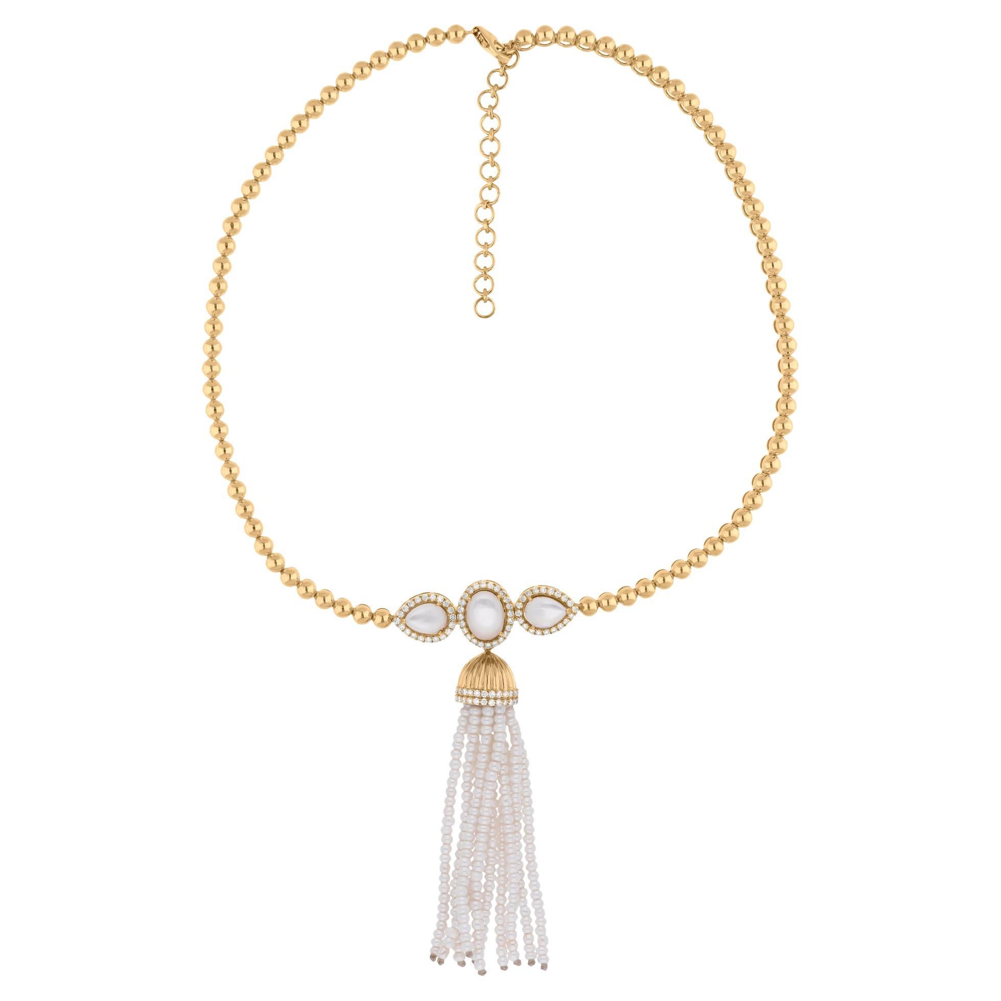 Real Mother of Pearl Tassel Pendant SI/H Diamond 18 Karat Yellow Gold Necklace