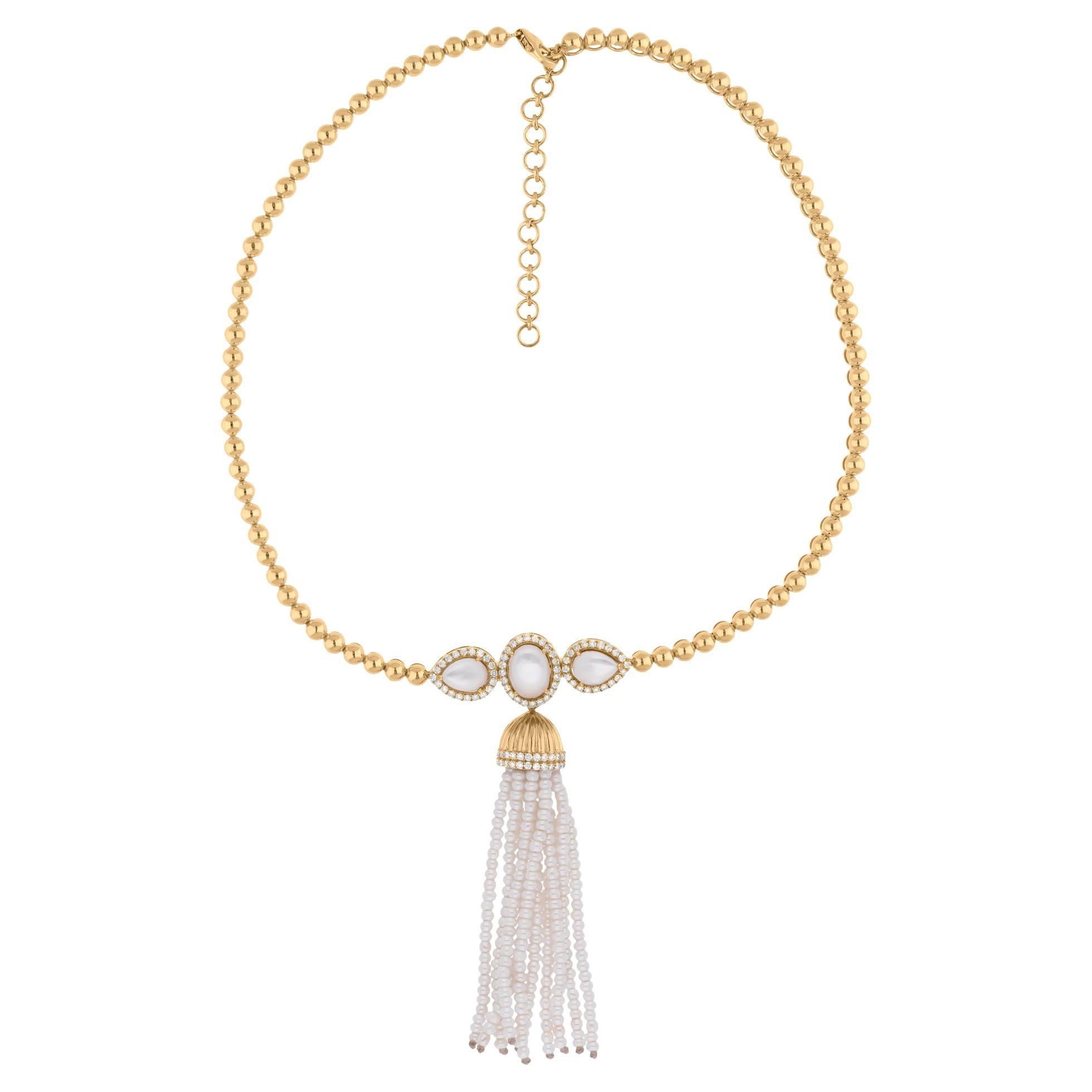 Colgante de borla de madreperla auténtica SI/H Diamante Collar de oro amarillo de 18 quilates