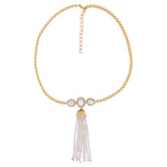 Real Mother of Pearl Tassel Pendant SI/H Diamond 18 Karat Yellow Gold Necklace