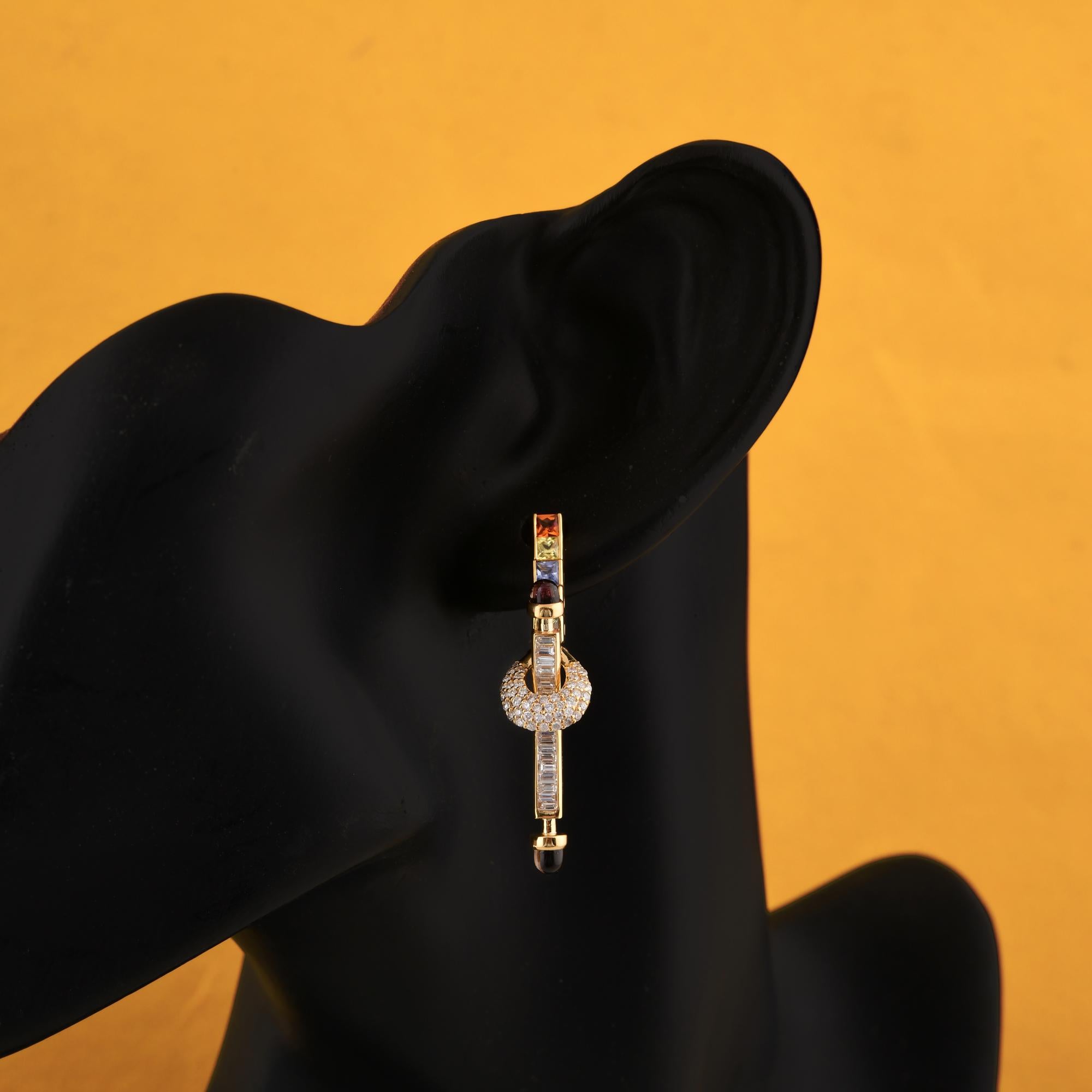Modern Real Multi Sapphire Smokey Earrings SI/H Diamond 14 Karat Yellow Gold Jewelry For Sale