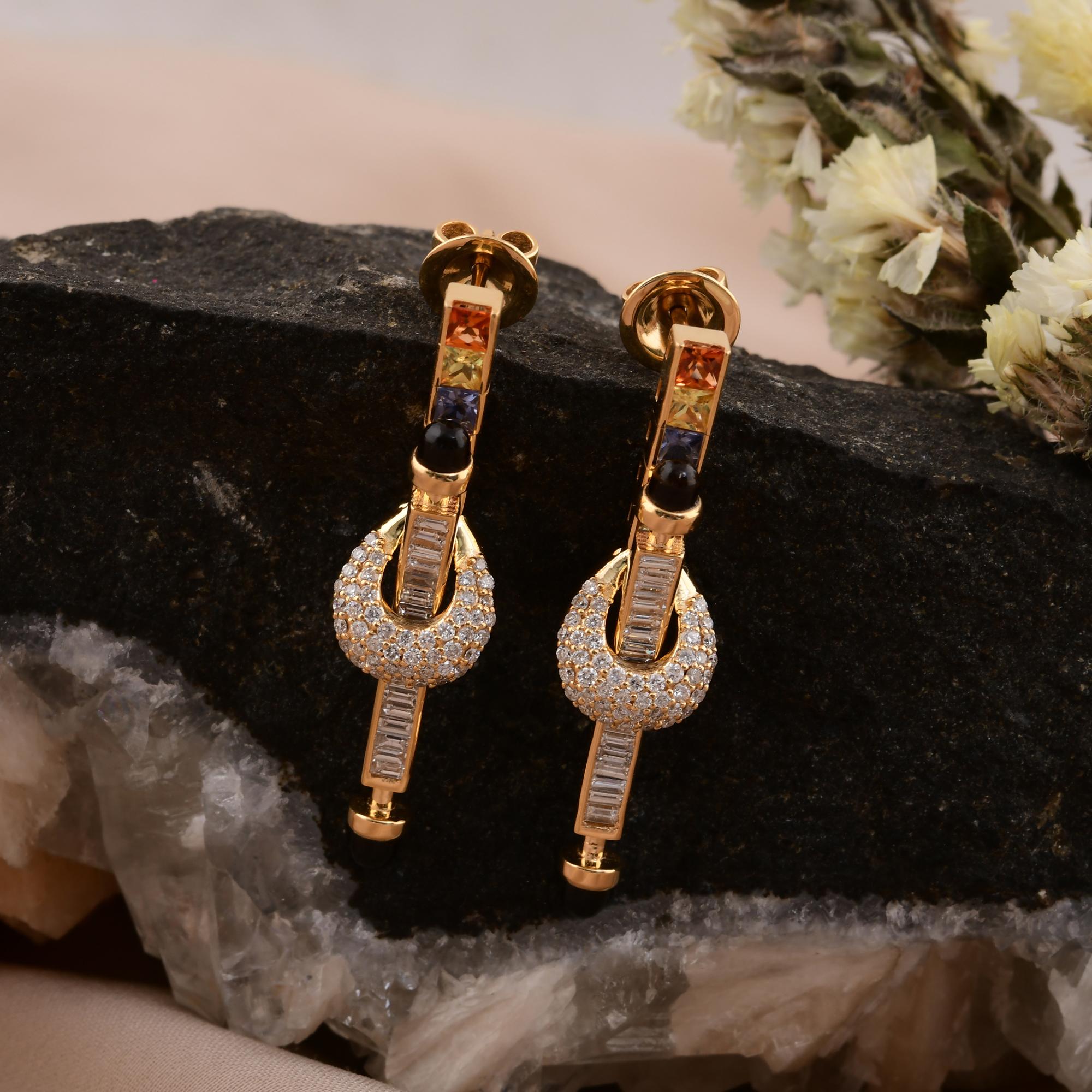 Bullet Cut Real Multi Sapphire Smokey Earrings SI/H Diamond 18 Karat Yellow Gold Jewelry For Sale