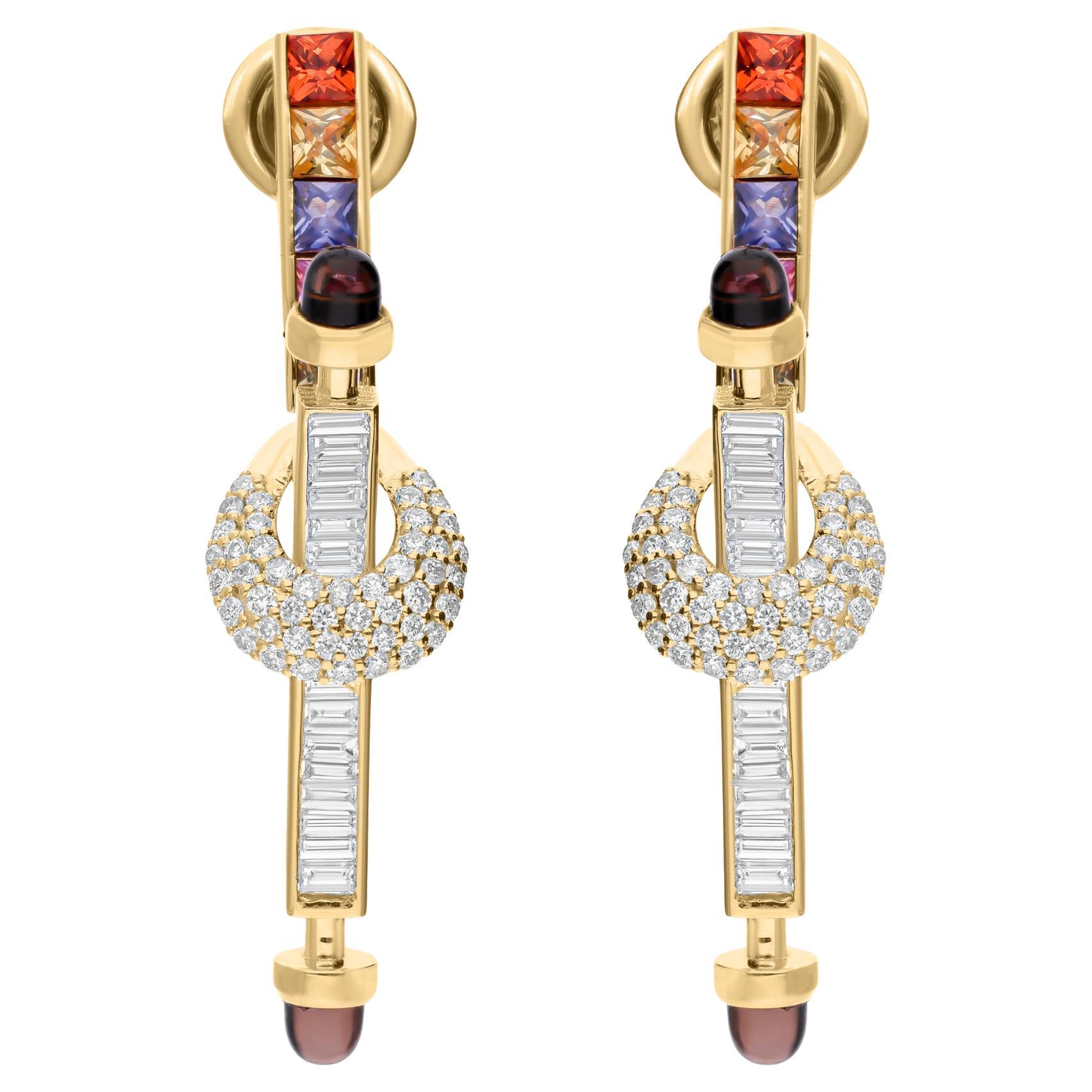 Real Multi Sapphire Smokey Earrings SI/H Diamond 18 Karat Yellow Gold Jewelry