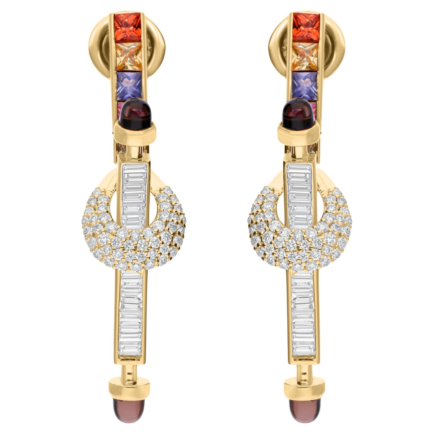 Real Multi Saphir-Rauch-Ohrringe SI/H Diamant-Schmuck aus 18 Karat Gelbgold mit mehreren Saphiren