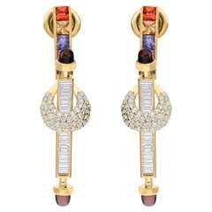 Real Multi Sapphire Smokey Earrings SI/H Diamond 18 Karat Yellow Gold Jewelry
