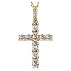 Collana con ciondolo a croce in oro giallo 14k con diamante reale naturale da 1,5 carati