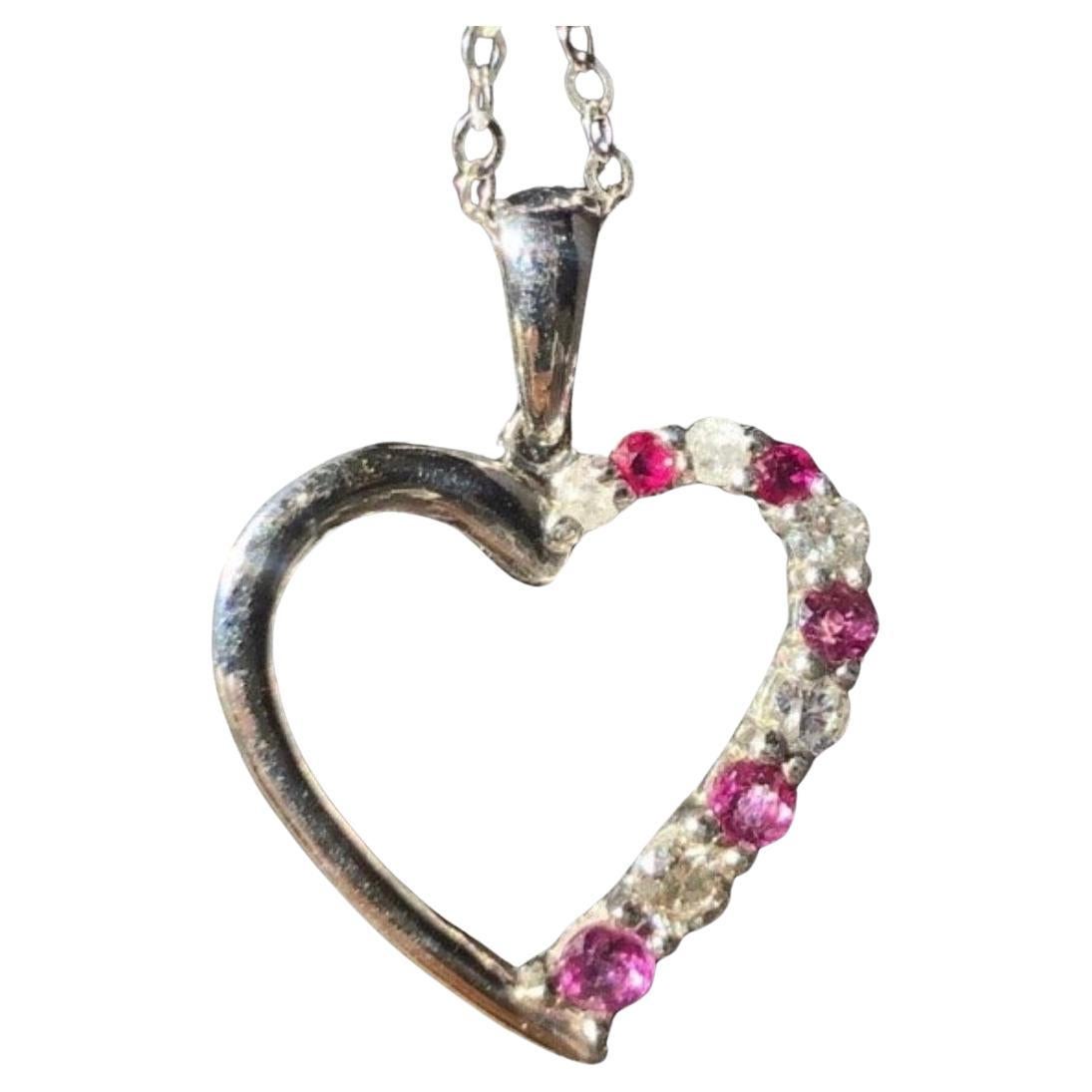Real Natural Diamond Heart Pendent Rubies 10k White Gold   For Sale