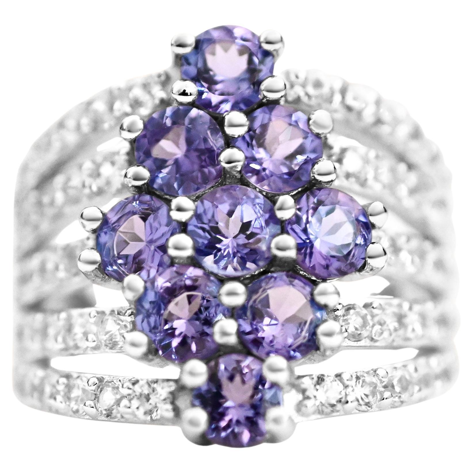 Real Natural Oval Tanzanite Cluster Ring in 925 Sterling Silver Birthstone Ring