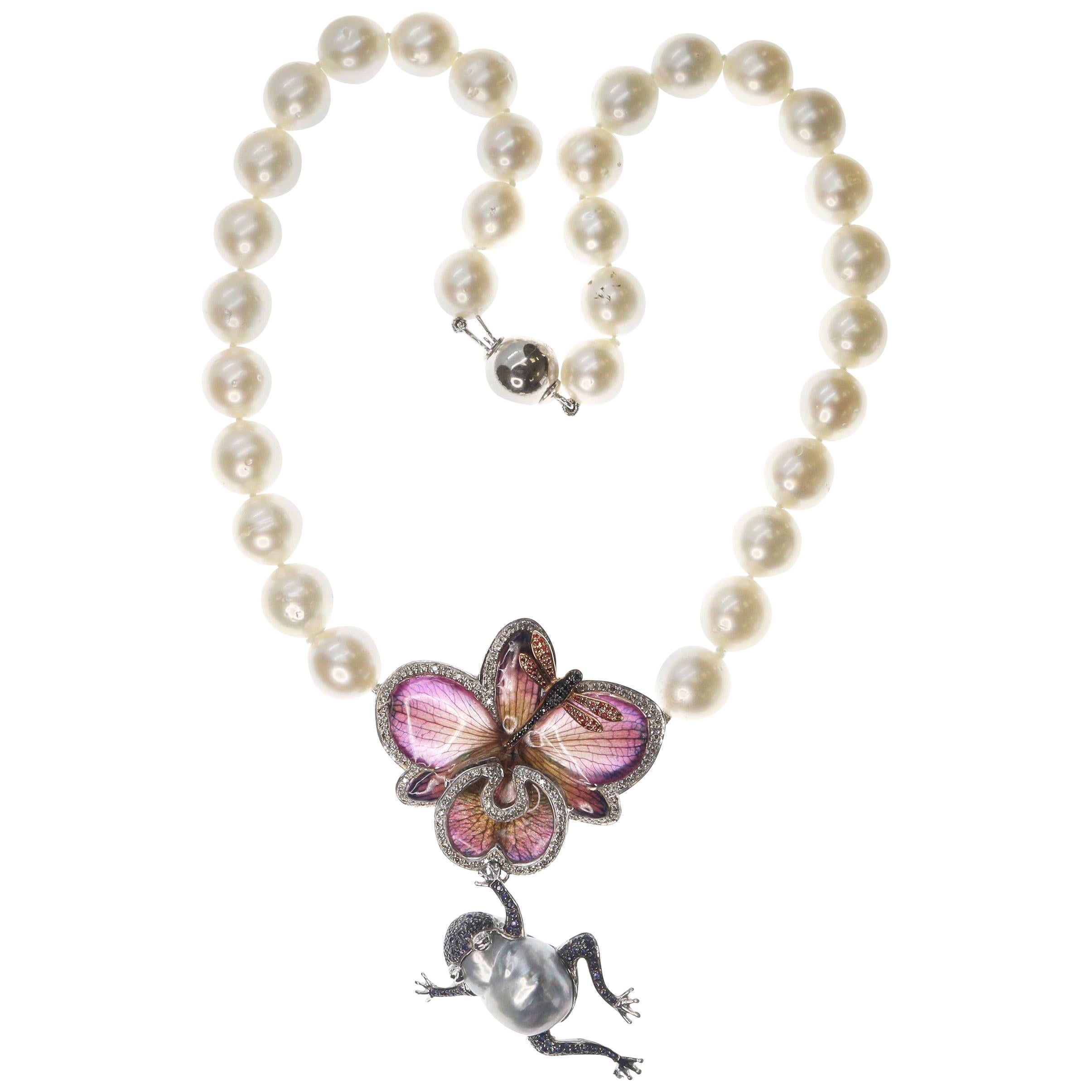 Contemporary 18 Karat Gold Real Orchid Diamond Sapphire Australian Pearl Collar