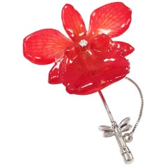 Real Orchid Stick Pin with Diamond in 18-Karat White Gold