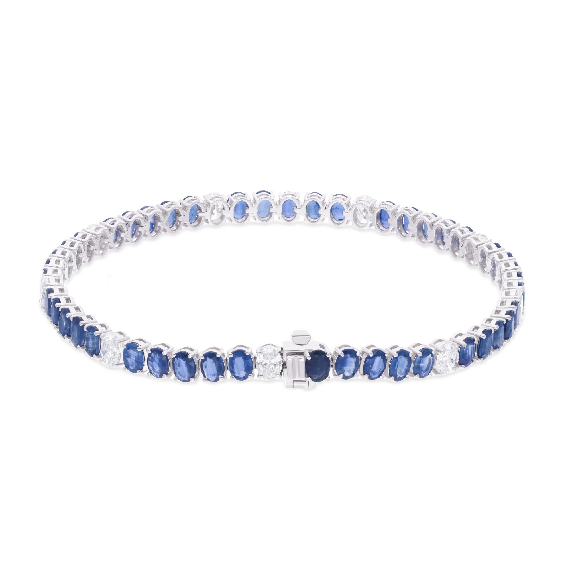 Modern Natural Oval Blue Sapphire Diamond Bracelet 14 Karat White Gold Handmade Jewelry For Sale