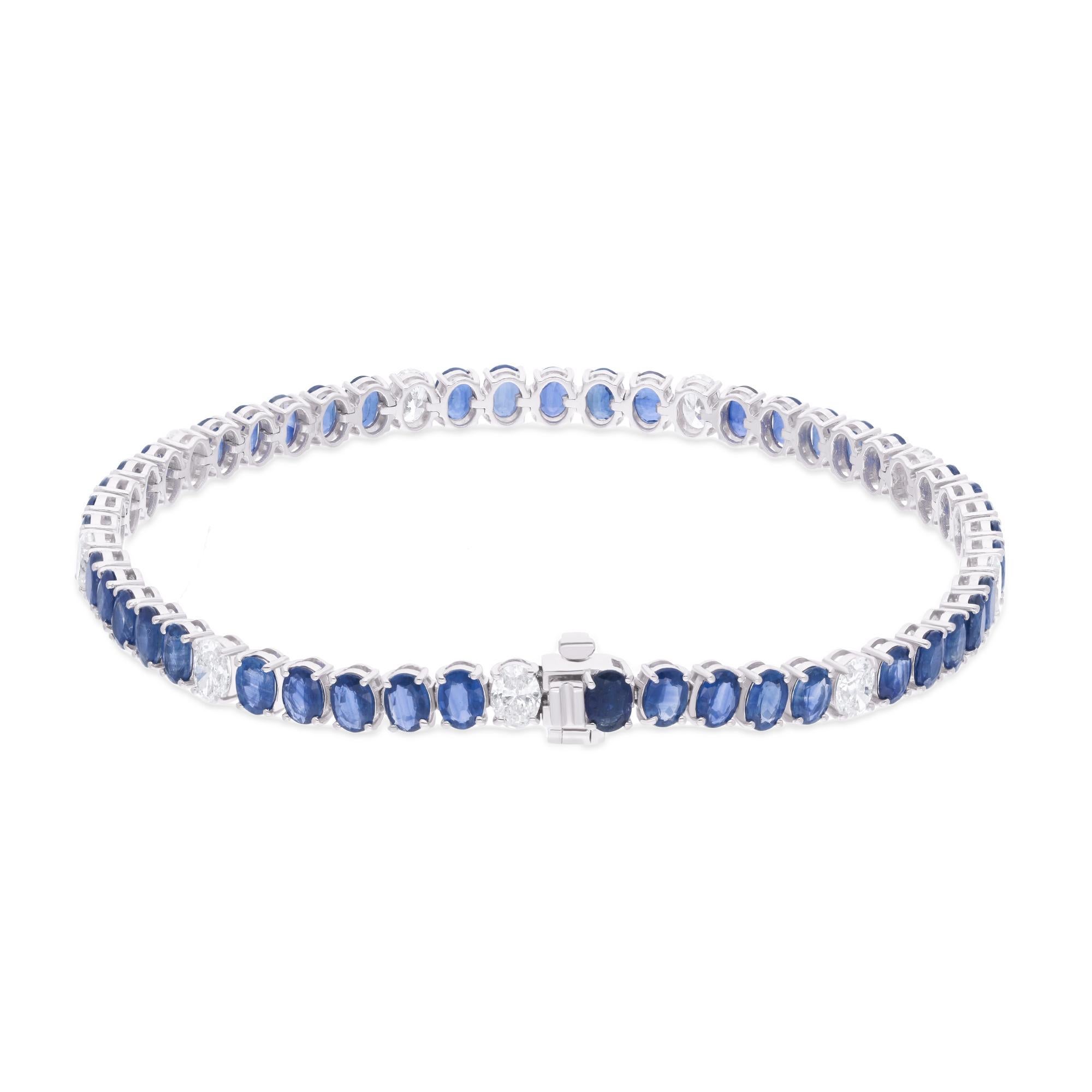 Modern Real Oval Blue Sapphire & Diamond Bracelet 14 Karat White Gold Handmade Jewelry For Sale