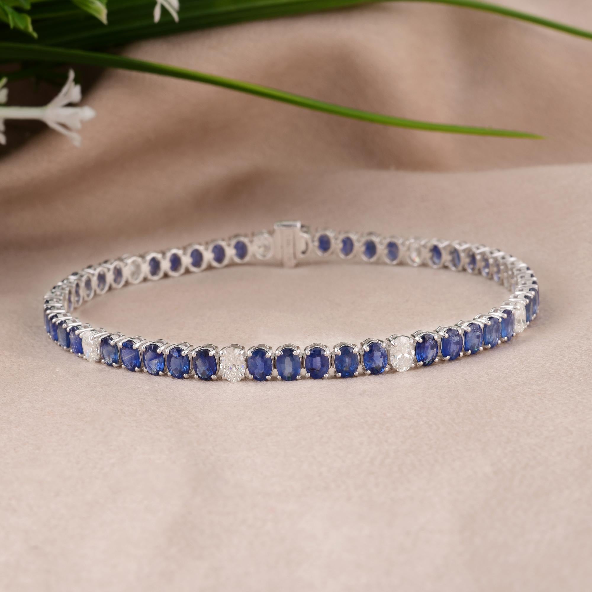 Oval Cut Natural Oval Blue Sapphire Diamond Bracelet 14 Karat White Gold Handmade Jewelry For Sale