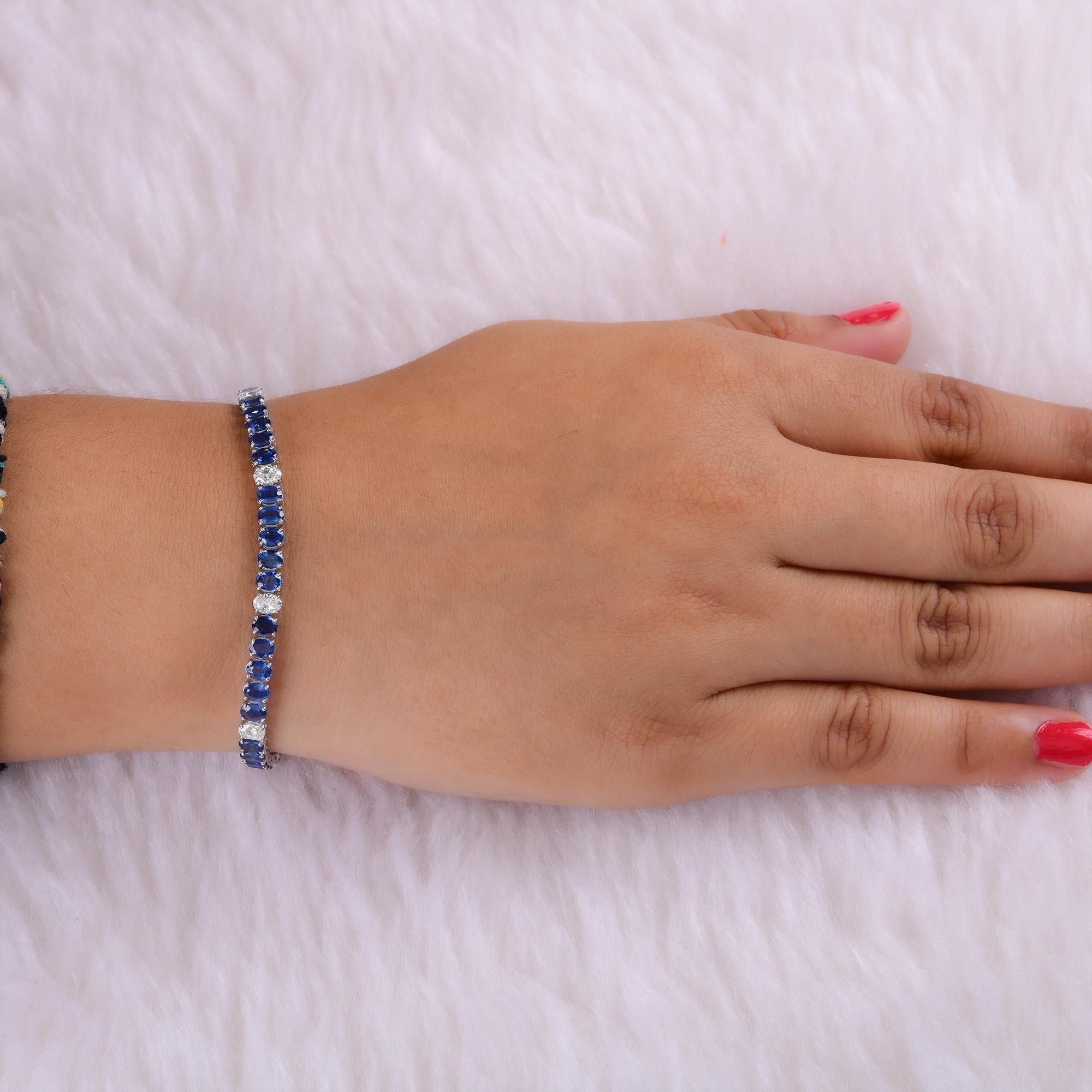Real Oval Blue Sapphire & Diamond Bracelet 14 Karat White Gold Handmade Jewelry In New Condition For Sale In Diera, Dubai