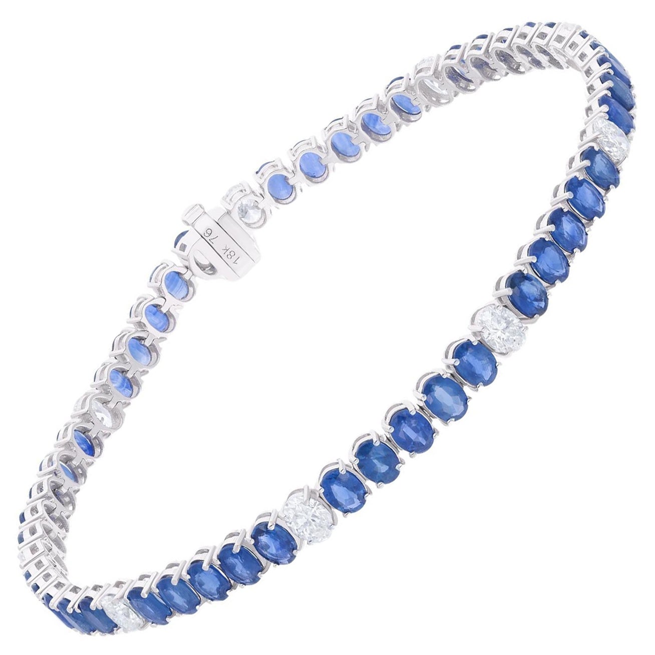 Handgefertigter natürlicher ovaler blauer Saphir-Diamant-Armband aus 14 Karat Weißgold