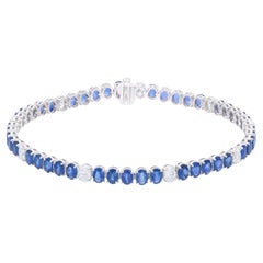 Real Oval Blue Sapphire & Diamond Bracelet 18 Karat White Gold Handmade Jewelry