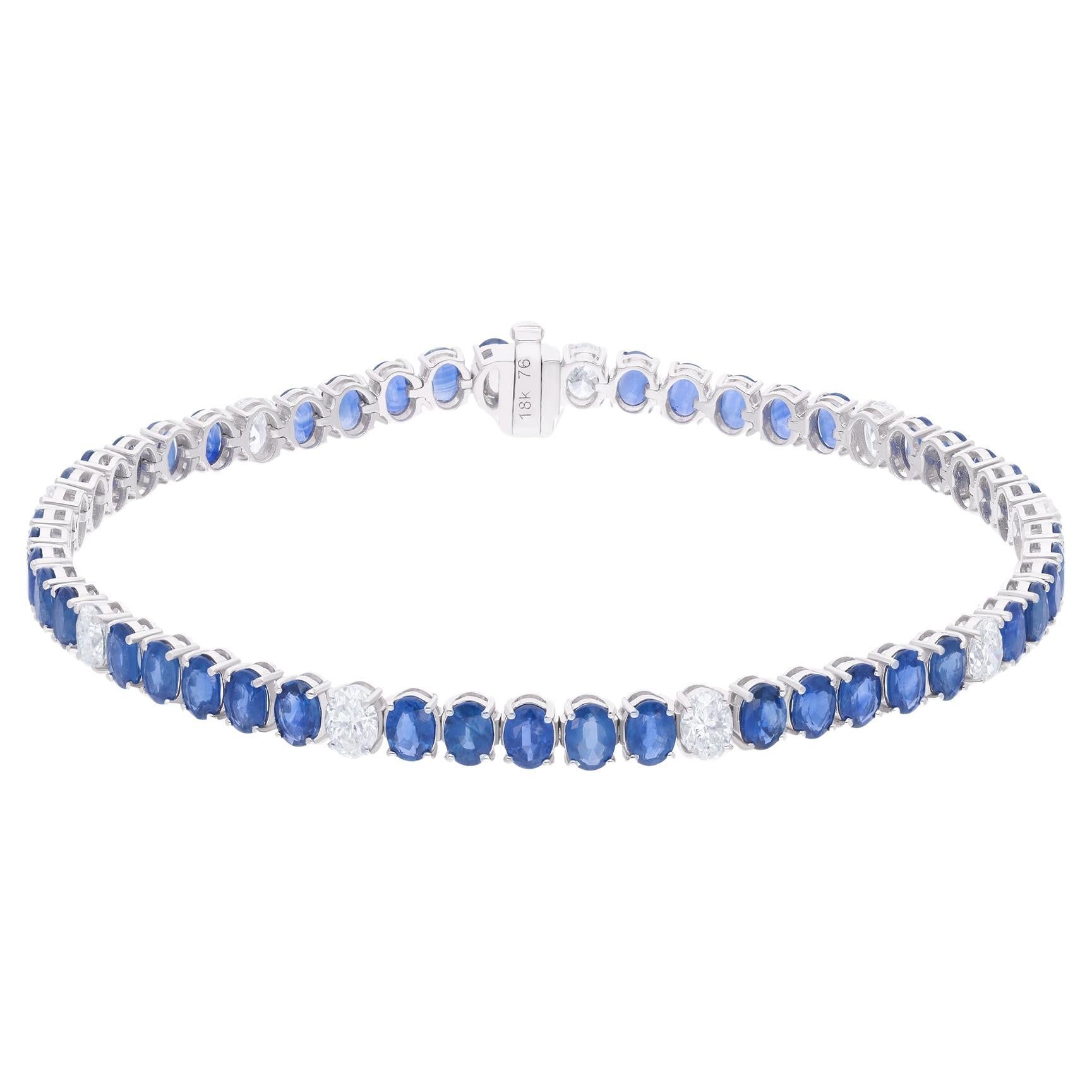 Real Oval Blue Sapphire & Diamond Bracelet 18 Karat White Gold Handmade Jewelry