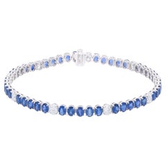 Real Oval Blue Sapphire & Diamond Bracelet 18 Karat White Gold Handmade Jewelry