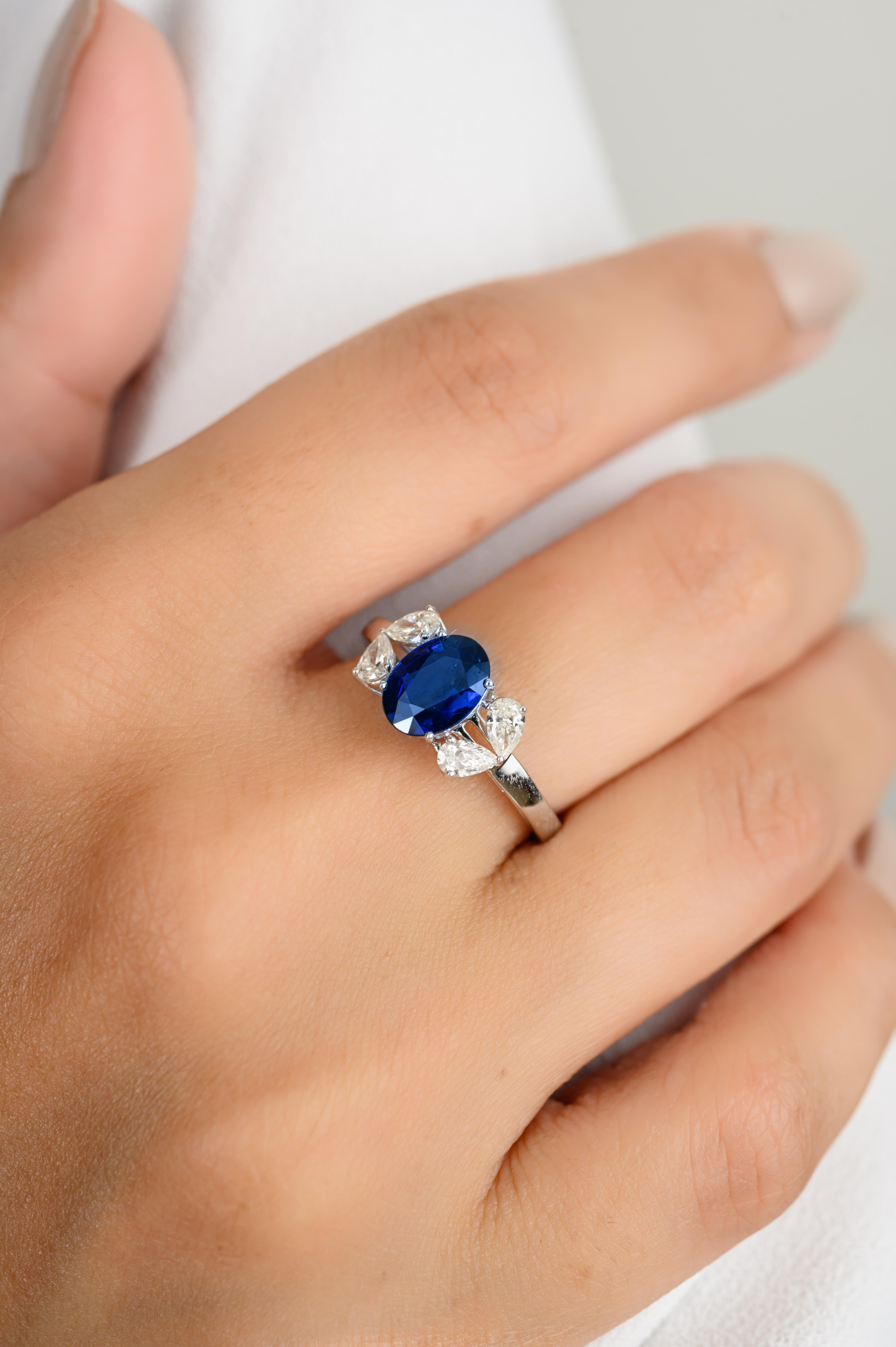 For Sale:  Real Oval Blue Sapphire Diamond Wedding Ring for Women in 18k Solid White Gold 4