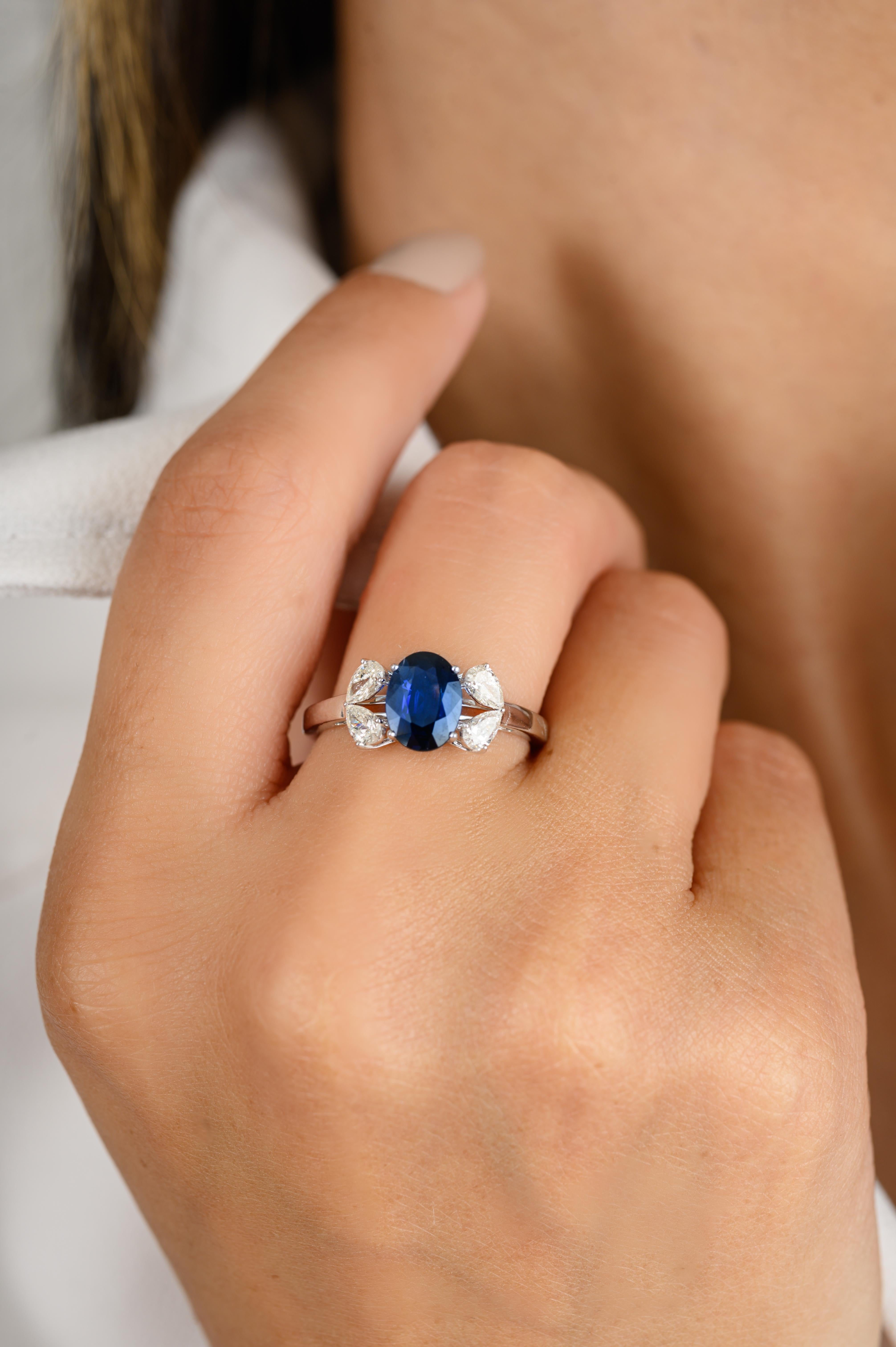For Sale:  Real Oval Blue Sapphire Diamond Wedding Ring for Women in 18k Solid White Gold 6