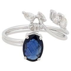 Real Oval Blue Sapphire Engagement Ring Diamond 10 Karat White Gold Fine Jewelry