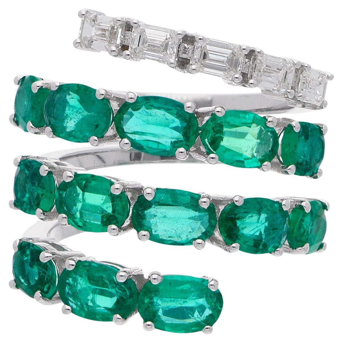 For Sale:  Natural Oval Gemstone Spiral Ring Emerald Cut Diamond 18 Karat White Gold