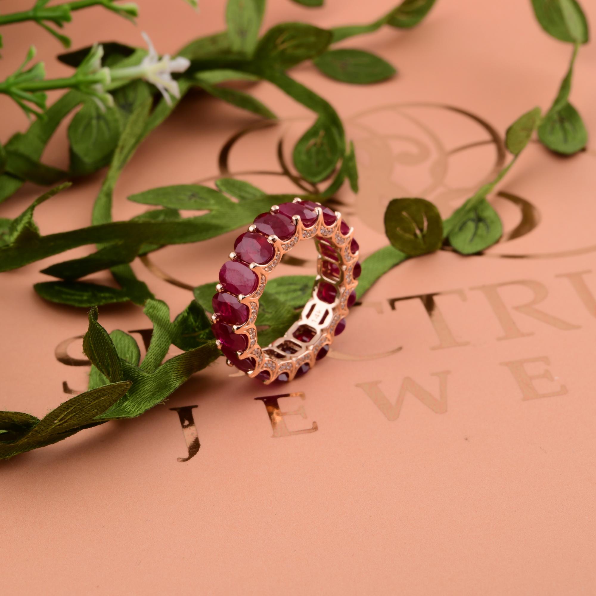 Real Oval Ruby Gemstone Band Ring SI Clarity HI Color Diamond 14 Karat Rose Gold For Sale 6