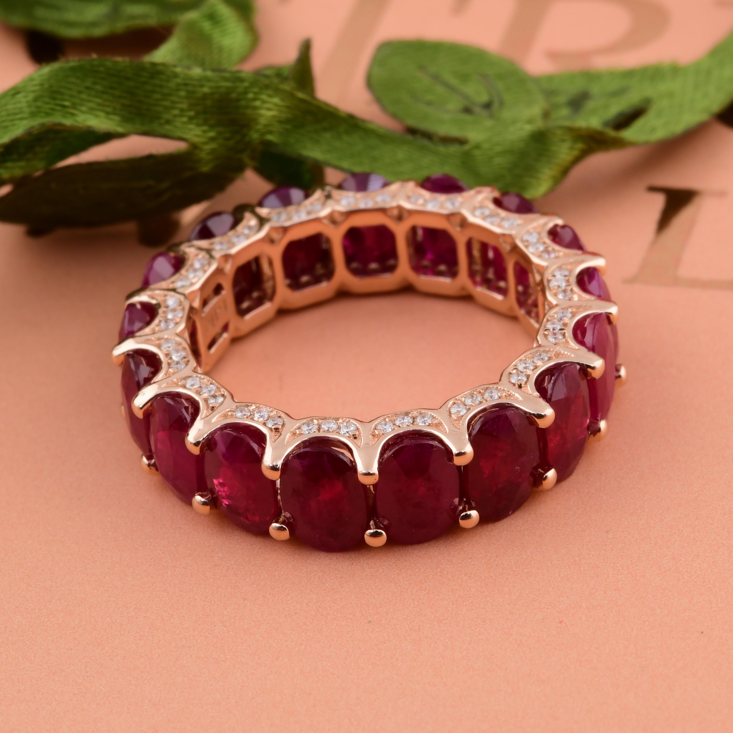 Real Oval Ruby Gemstone Band Ring SI Clarity HI Color Diamond 14 Karat Rose Gold For Sale 8