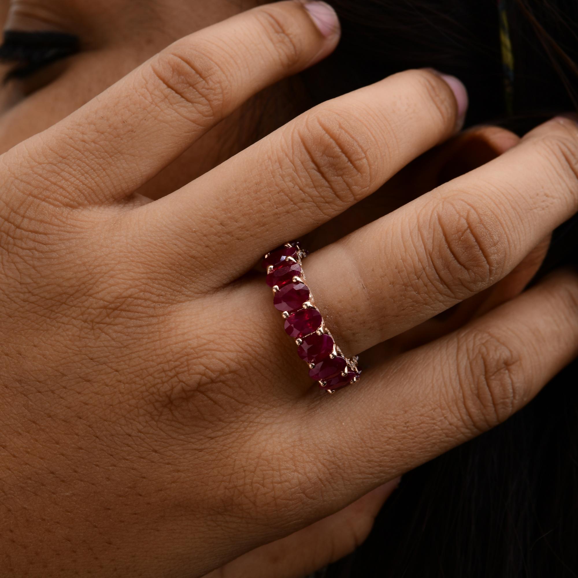 Oval Cut Real Oval Ruby Gemstone Band Ring SI Clarity HI Color Diamond 14 Karat Rose Gold For Sale