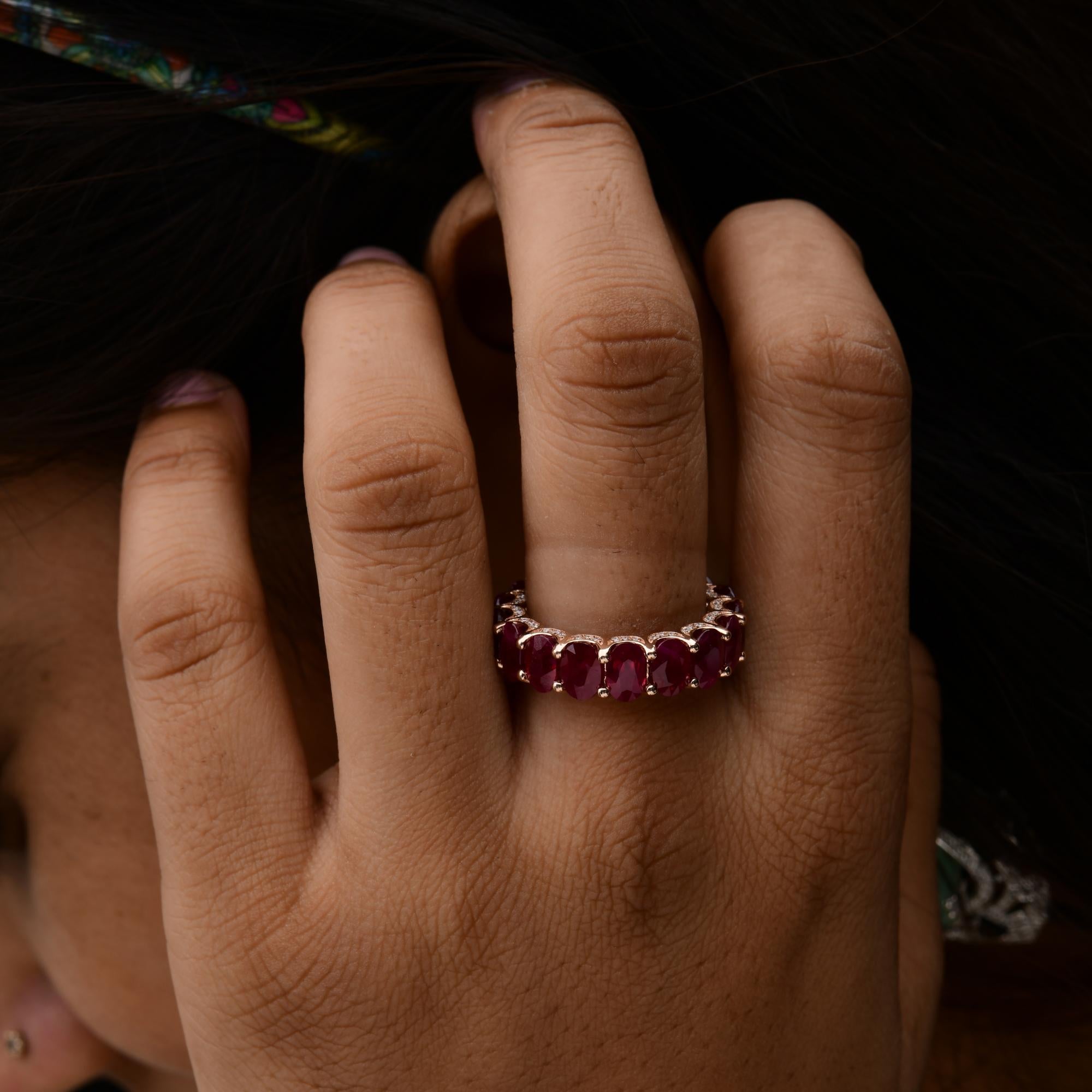 Women's Real Oval Ruby Gemstone Band Ring SI Clarity HI Color Diamond 14 Karat Rose Gold For Sale