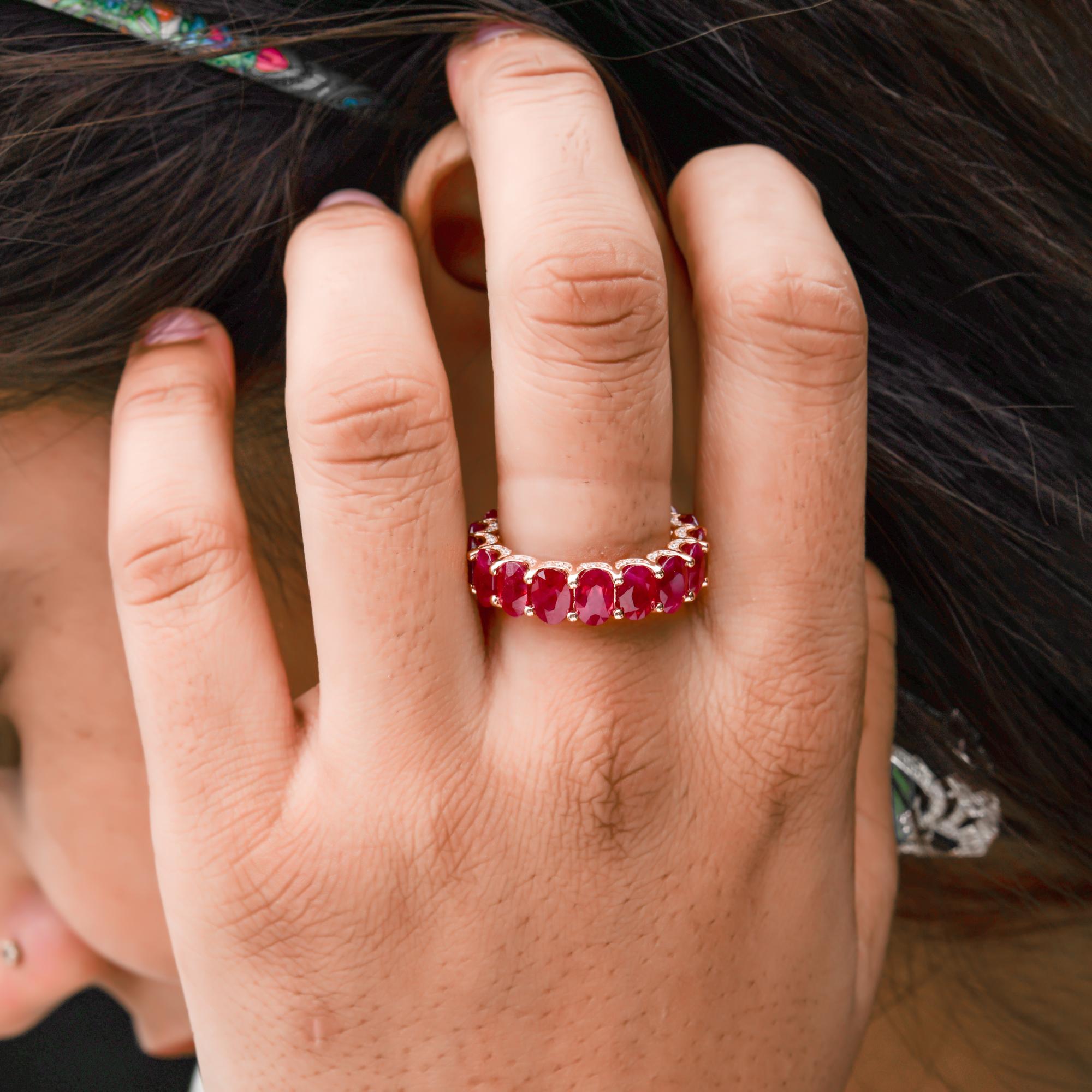 Real Oval Ruby Gemstone Band Ring SI Clarity HI Color Diamond 14 Karat Rose Gold For Sale 1