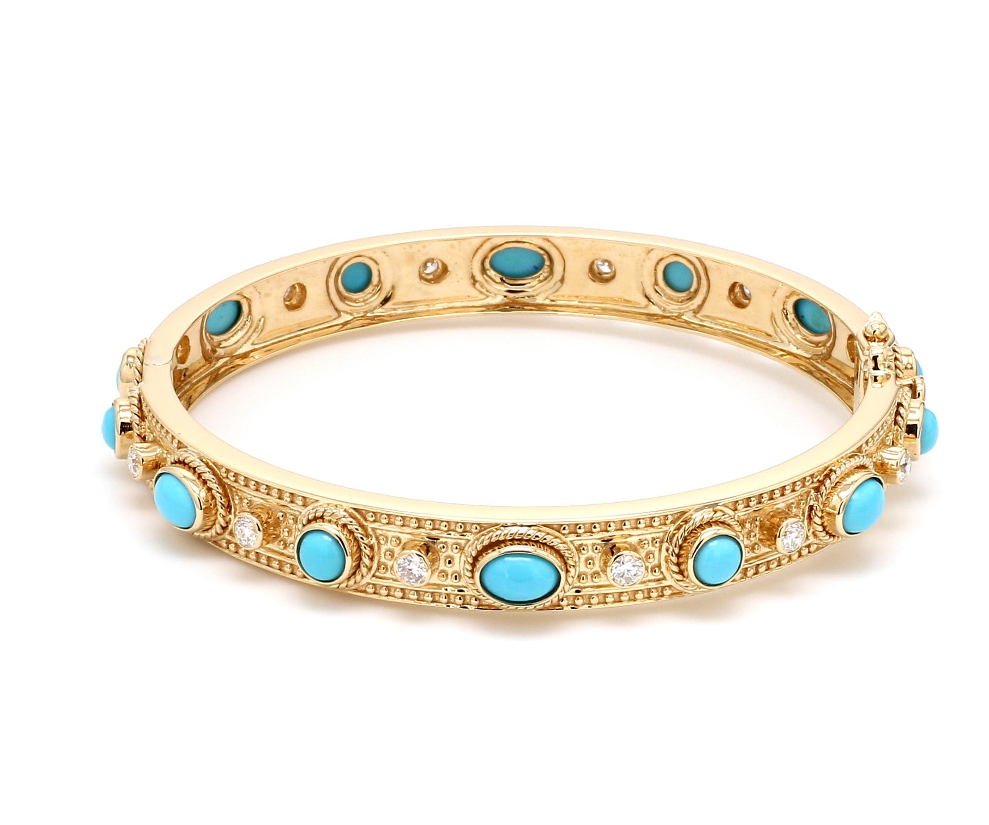 Item Code :- CN-25657 (14k)
Gross Wt :- 19.92 gm
14k Yellow Gold Wt :- 18.82 gm
Diamond Wt :- 0.75 ct  ( AVERAGE DIAMOND CLARITY SI1-SI2 & COLOR H-I )
Turquoise Wt :- 4.75 ct
Bangle Size :- 62.93 x 64.22 x 8 mm
✦ Sizing
.....................
We can