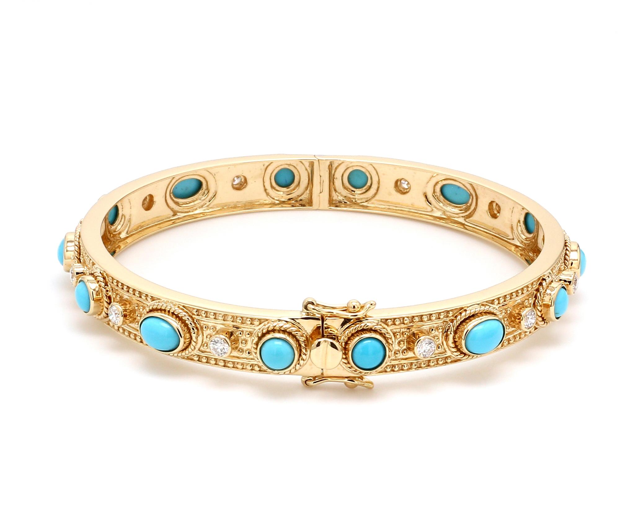 Moderne Bracelet en or jaune 14 carats massif avec véritables turquoises ovales et diamants en vente