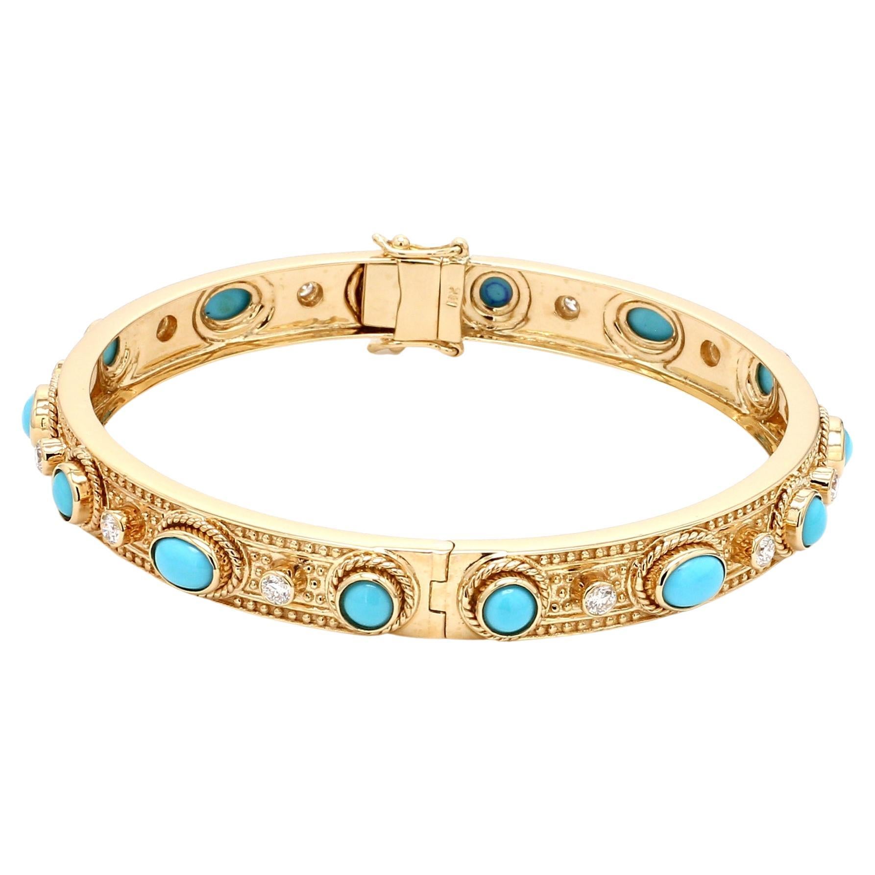 Bracelet en or jaune 18 carats massif avec véritables turquoises ovales et diamants